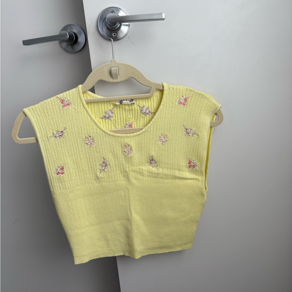 Free People Yellow Knit Top with Floral Embroidery